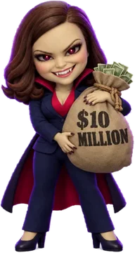 Vampire Moody hugging a sack labelled $10 million
